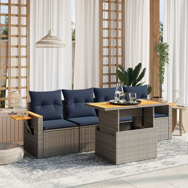 vidaXL 5 Piece Patio Sofa Set with Cushions Gray Poly Rattan