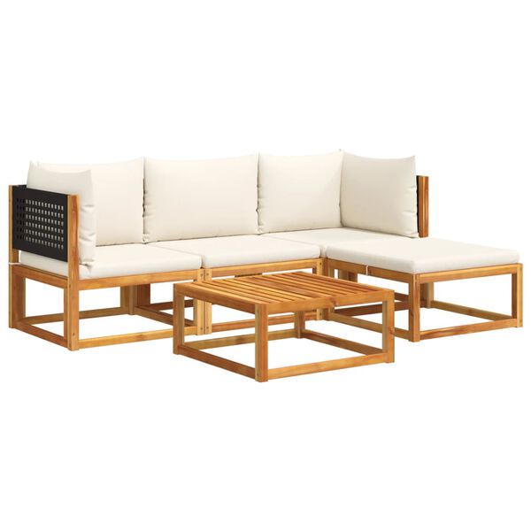 vidaXL Garden Sofa Set Black, Cream White Solid Acacia Wood, PE Rattan