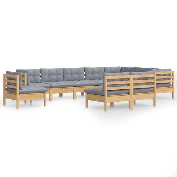 vidaXL Garden Lounge Set Grey Solid pine wood and polyester 10 piece set