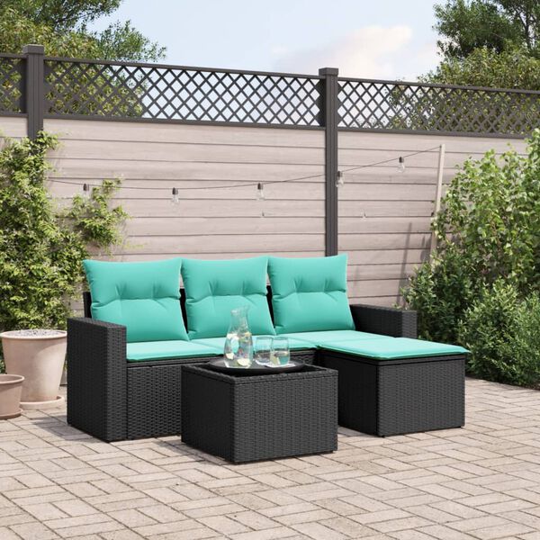 vidaXL 5 Piece Patio Sofa Set with Cushions Black Poly Rattan