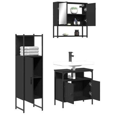 Black bathroom furniture including a tall cabinet, wall-mounted vanity with mirrored cabinet, and a sink vanity with doors open