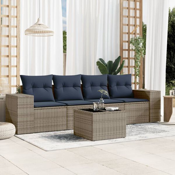vidaXL 5 Piece Patio Sofa Set with Cushions Gray Poly Rattan