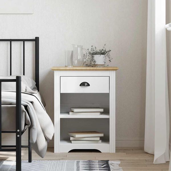 vidaXL Bedside Cabinet White, Brown Solid pine wood, engineered wood, metal