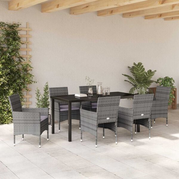 vidaXL Garden Dining Set with Cushion 7 pcs Grey Poly Rattan