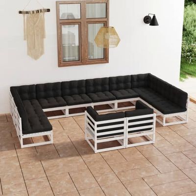 vidaXL 12 Piece Patio Lounge Set with Cushions White Solid Wood Pine