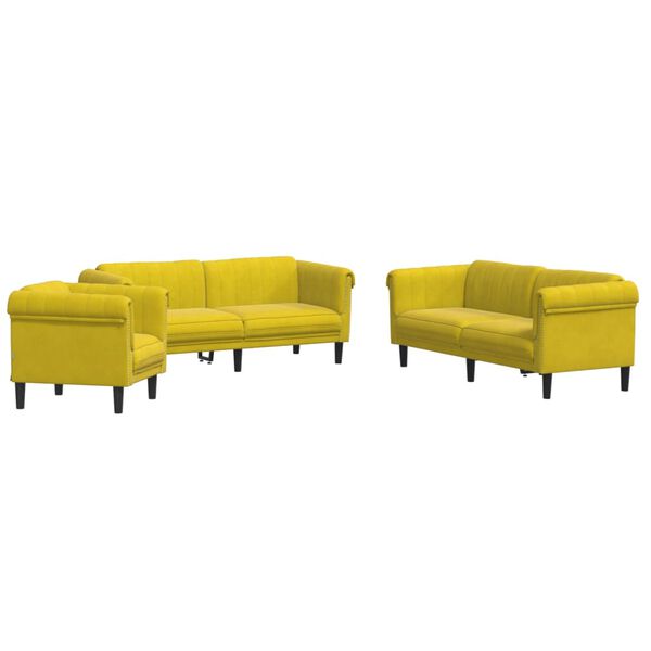 vidaXL Sofa Set Yellow Velvet (100% polyester), Plywood, Solid Wood