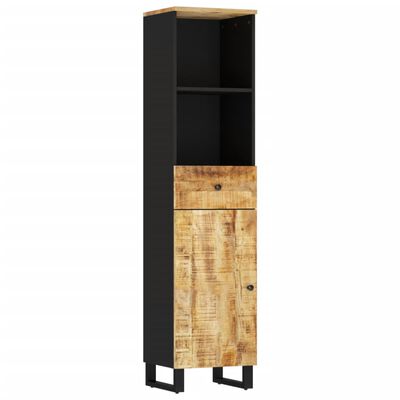Tall storage cabinet with rustic wood doors on bottom and black open upper shelf, white wall behind