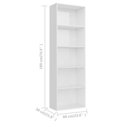 vidaXL 5-Tier Book Cabinet High Gloss White 23.6"x11.8"x74.4" Engineered Wood