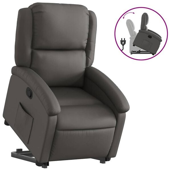 vidaXL Stand Up Recliner Chair Grey Real Leather, Metal, Plywood Standard