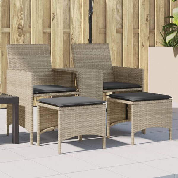 vidaXL Patio Sofa 2-Seater with Table and Stools Light Grey Poly Rattan