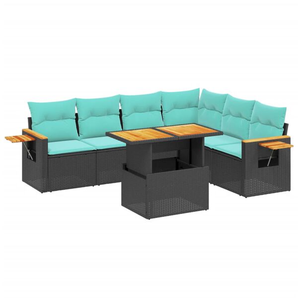 vidaXL 7 Piece Patio Sofa Set with Cushions Black Poly Rattan