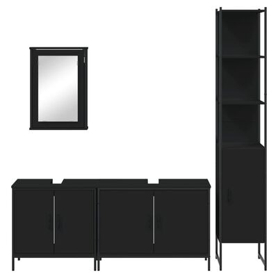 Wall mirror and long black sideboard with doors, tall slim cabinet on the right.