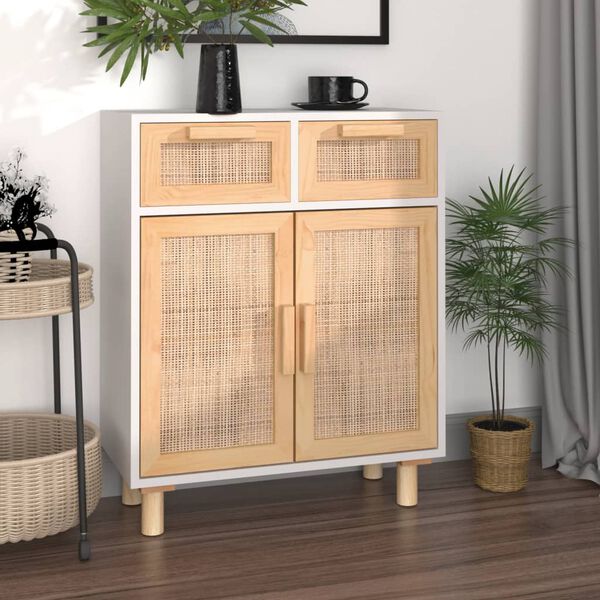 vidaXL Sideboard White 23.6"x11.8"x29.5" Solid Wood Pine and Natural Rattan