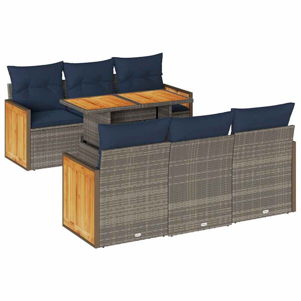 vidaXL 7 Piece Patio Sofa Set with Cushions Gray Poly Rattan Acacia