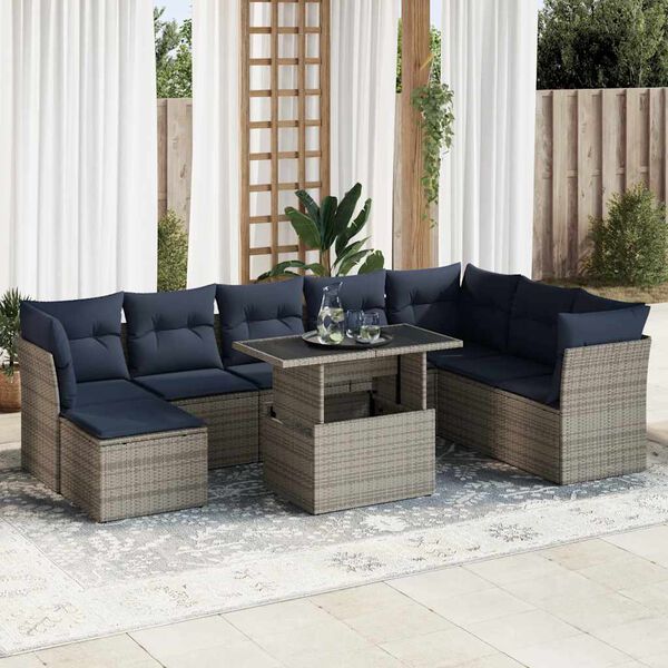 vidaXL 9 Piece Patio Sofa Set with Cushions Gray Poly Rattan Acacia