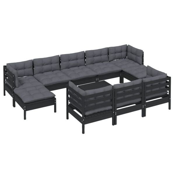 vidaXL Garden Lounge Set Black Solid pine wood, 100% polyester fabric