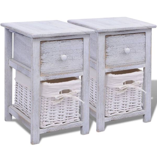 vidaXL Bedside Cabinet Set of 2 White Paulownia wood, Wicker Compact