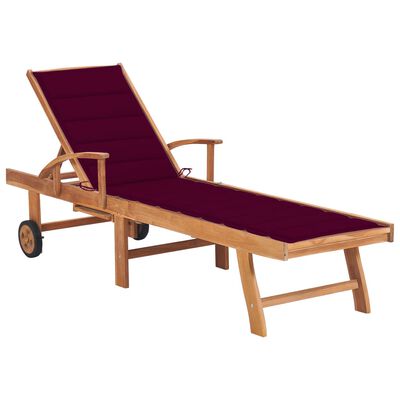 vidaXL Sun Lounger with Wine Red Cushion Solid Teak Wood