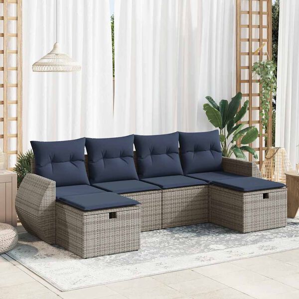 vidaXL 6 Piece Patio Sofa Set with Cushions Gray Poly Rattan