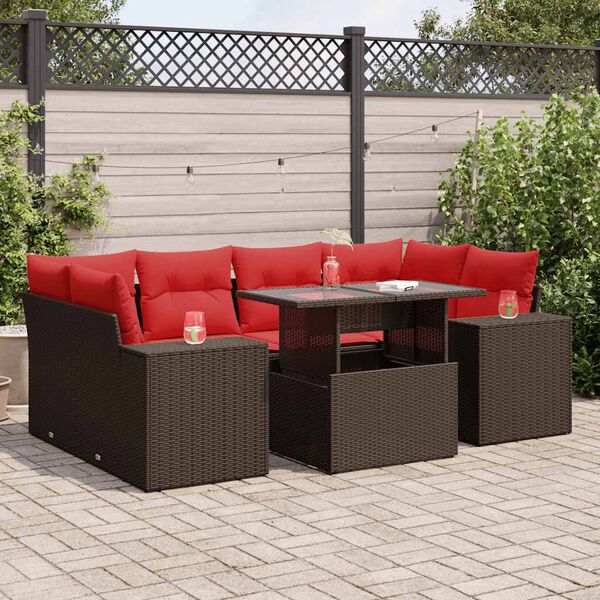 vidaXL 7 Piece Patio Sofa Set with Cushions Brown Poly Rattan