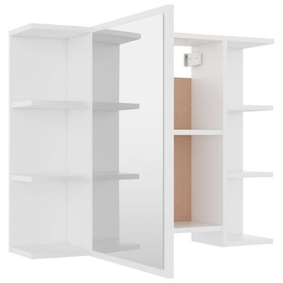 Open white wall cabinet with a door sliding open showing corkboard inside and side shelves.