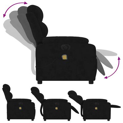 Multiple angles of black reclining armchair showing recline positions and dimensions silhouettes