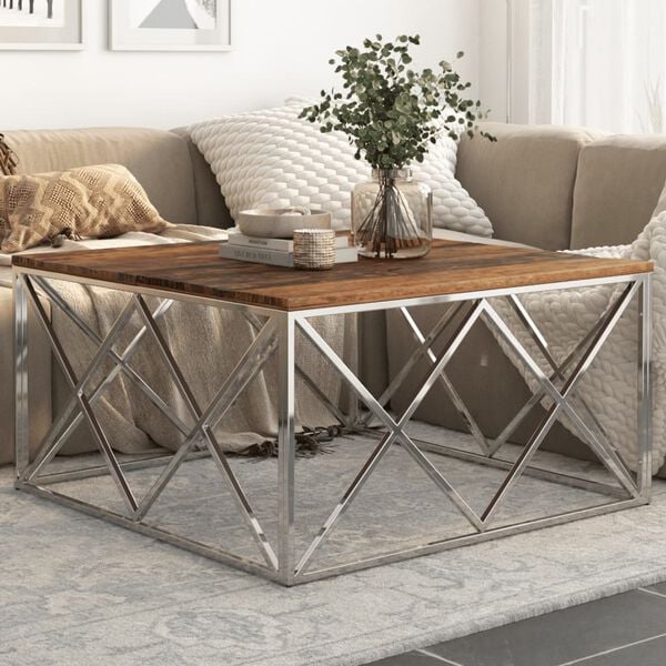 vidaXL Coffee Table Silver, Natural Wood Stainless Steel, Solid Sleeper Wood