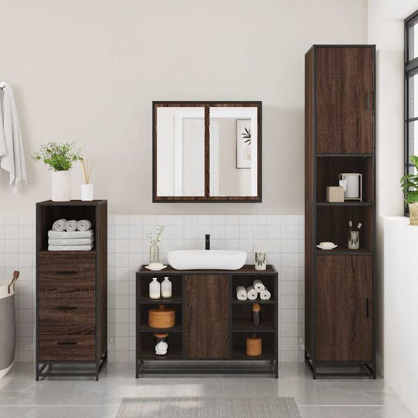 vidaXL Bathroom Furniture Set Brown Oak Engineered wood, metal, glass