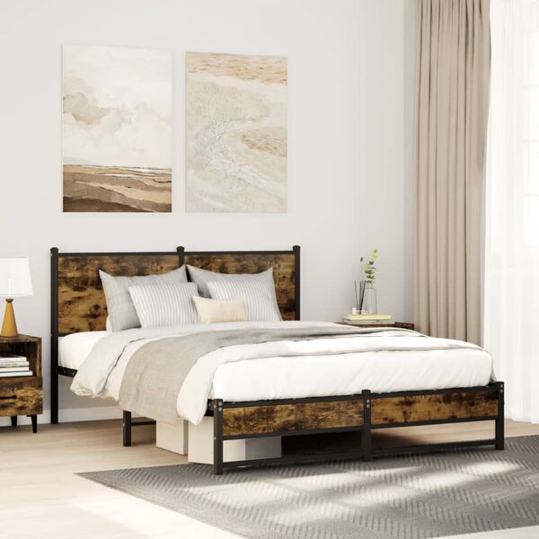 vidaXL Bed Frame Smoked Oak Steel King Bed Frame Rectangular Modern