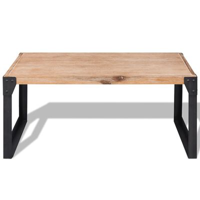 Front view of low-profile coffee table with wooden top and black metal legs.