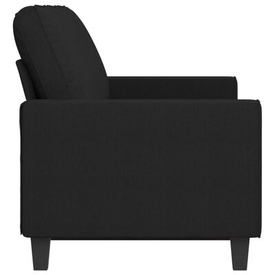 Close-up side view of a black upholstered armrest and seat.