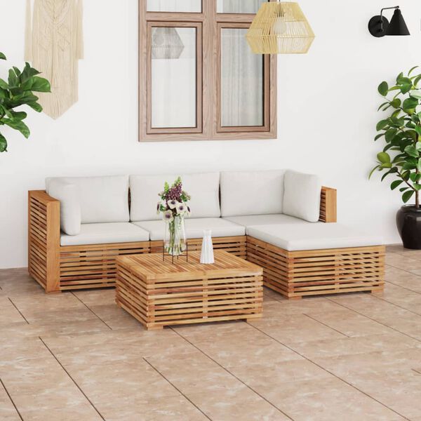vidaXL 5 Piece Patio Lounge Set with Cream Cushion Solid Teak Wood
