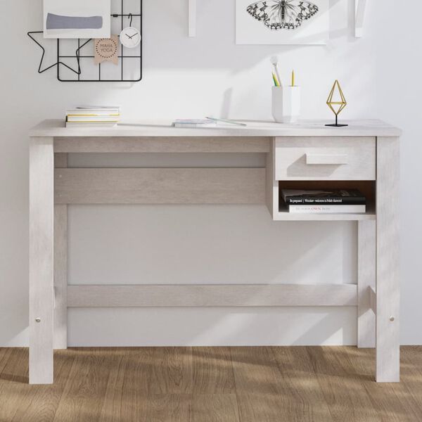 vidaXL Desk White Solid Pinewood Medium Desk Rectangular Traditional