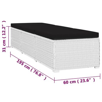 Outdoor ottoman/bench with dimensions: length 195 cm, height 31.2 cm, width 60 cm; black cushion top.