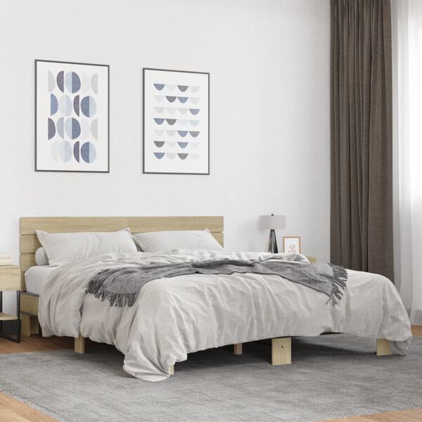 vidaXL Bed Frame Sonoma oak Engineered wood, metal, plywood Double