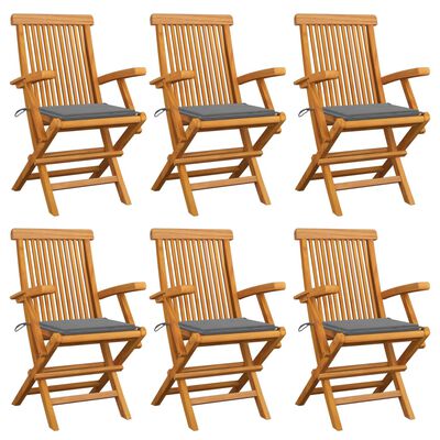 vidaXL Patio Chairs with Gray Cushions 6 pcs Solid Teak Wood