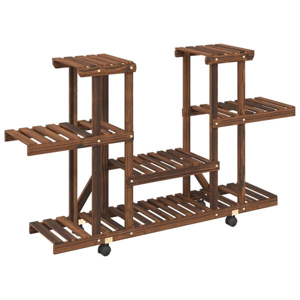 vidaXL Flower Stand With Wheels Carbonised brown Carbonised fir wood