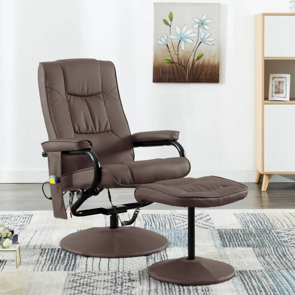 vidaXL Massage Recliner With Ottoman Brown Faux Leather Standard Swivel