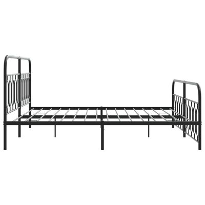 Side view of a black metal bed frame with two twin beds connected by a central support, showing overall frame structure