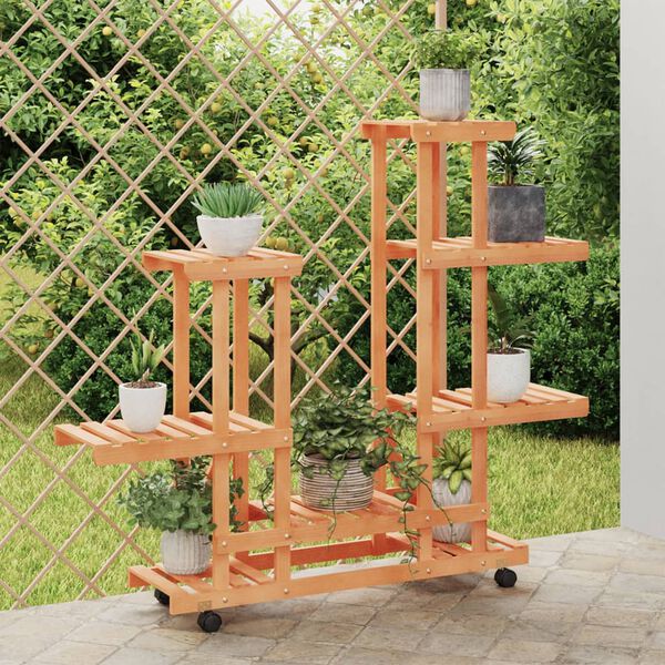 vidaXL Flower Stand With Wheels Brown Solid Wood Fir Large