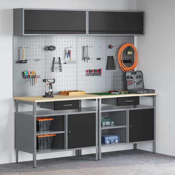 vidaXL Work Bench Set with Drawer 8 pcs Black 200 x 55 x 200 cm Steel