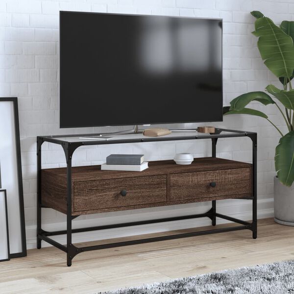 vidaXL TV Cabinet Brown Oak Engineered Wood, Glass