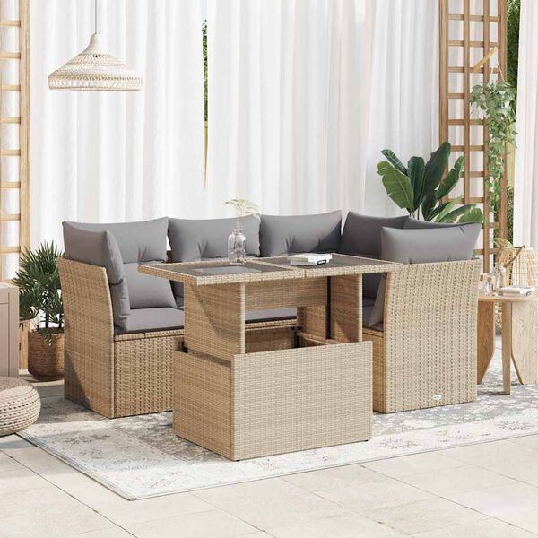 vidaXL Garden Sofa Set Beige PE Rattan 5-Piece Set Adjustable Armrests