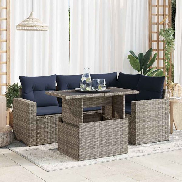 vidaXL 5 Piece Patio Sofa Set with Cushions Gray Poly Rattan Acacia