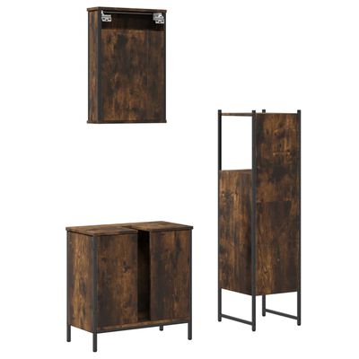 Multiple bathroom storage pieces including wall-mounted cabinet, tall cabinet, and double-door vanity unit in rustic brown finish.