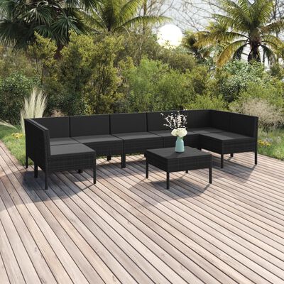 vidaXL 8 Piece Patio Lounge Set with Cushions Poly Rattan Black