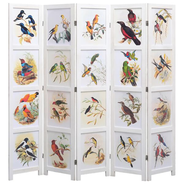 vidaXL 5-Panel Room Divider White 68.9"x65" Bird