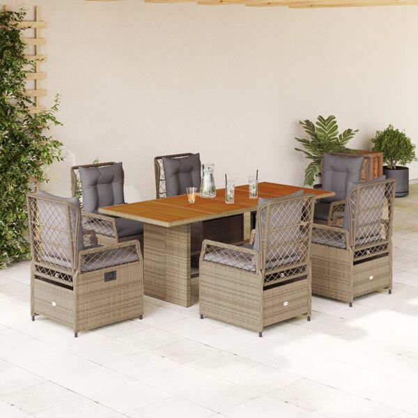 vidaXL 7 Piece Patio Dining Set with Cushions Beige Poly Rattan