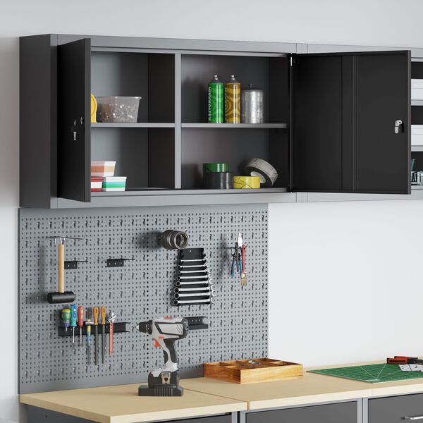 vidaXL Tool Cabinet and Pegboard Set 3 pcs Black 100 x 20 x 115 cm