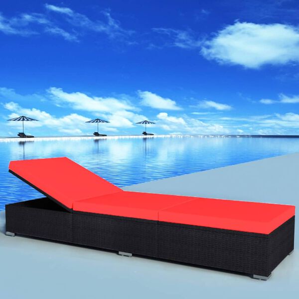 vidaXL Sun Lounger Black Red PE Rattan, Powder-Coated Steel, Polyester